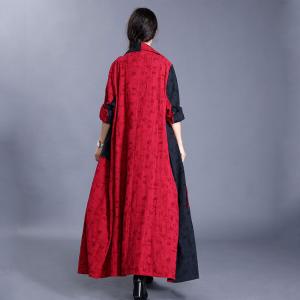 Red Contrast Front Tied Trench Coat Cotton Linen Jacquard Overcoat