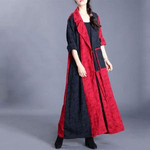 Red Contrast Front Tied Trench Coat Cotton Linen Jacquard Overcoat