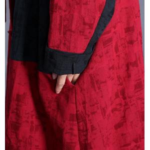 Red Contrast Front Tied Trench Coat Cotton Linen Jacquard Overcoat