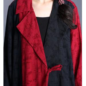 Red Contrast Front Tied Trench Coat Cotton Linen Jacquard Overcoat