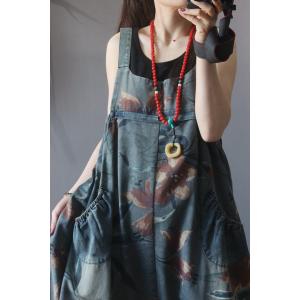 Red Flowers Vintage Jean Overalls Loose Fluffy Balloon Pants