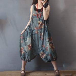 Red Flowers Vintage Jean Overalls Loose Fluffy Balloon Pants