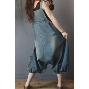 Red Flowers Vintage Jean Overalls Loose Fluffy Balloon Pants