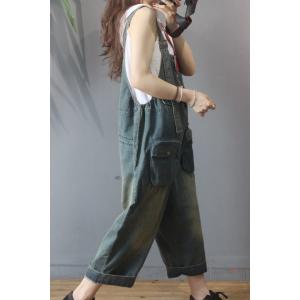 Flap Pockets Baggy Fashion Overalls Wide Leg Denim Dungarees