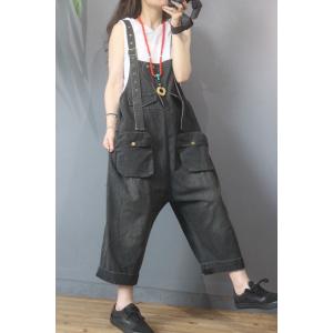 Flap Pockets Baggy Fashion Overalls Wide Leg Denim Dungarees