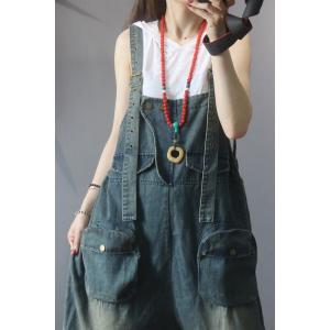 Flap Pockets Baggy Fashion Overalls Wide Leg Denim Dungarees