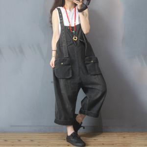 Flap Pockets Baggy Fashion Overalls Wide Leg Denim Dungarees