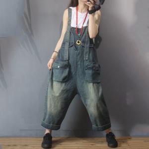 Flap Pockets Baggy Fashion Overalls Wide Leg Denim Dungarees