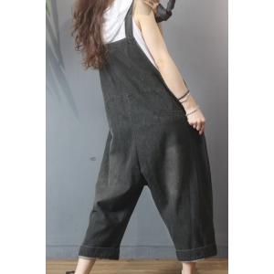 Flap Pockets Baggy Fashion Overalls Wide Leg Denim Dungarees