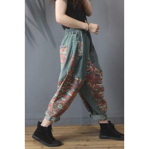 Street Style Printed Patchwork Bootcuts Womens Denim Harem Trousers
