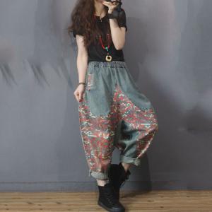 Street Style Printed Patchwork Bootcuts Womens Denim Harem Trousers