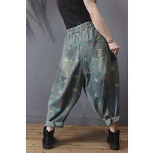 Street Style Printed Patchwork Bootcuts Womens Denim Harem Trousers