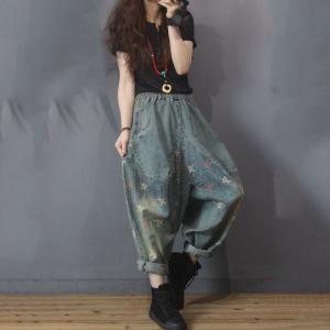 Street Style Printed Patchwork Bootcuts Womens Denim Harem Trousers