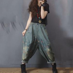 Street Style Printed Patchwork Bootcuts Womens Denim Harem Trousers