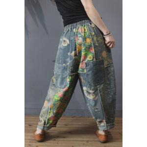 Flowers Patchwork Baggy Dad Jeans Straight Pockets Fringed Jeans