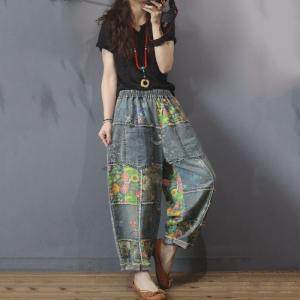 Flowers Patchwork Baggy Dad Jeans Straight Pockets Fringed Jeans