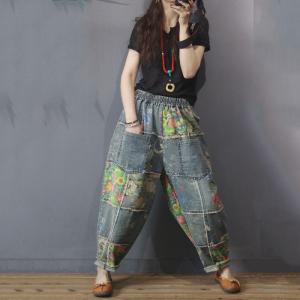 Flowers Patchwork Baggy Dad Jeans Straight Pockets Fringed Jeans