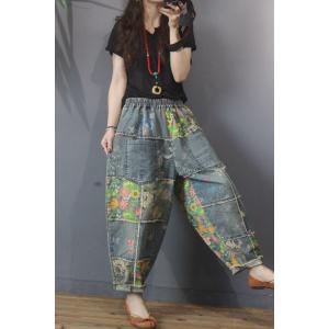 Flowers Patchwork Baggy Dad Jeans Straight Pockets Fringed Jeans