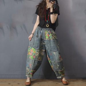 Flowers Patchwork Baggy Dad Jeans Straight Pockets Fringed Jeans