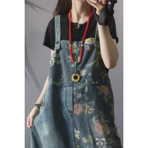 Beautiful Flowers Denim Jumper Dress Loose A-Line Overall Dress