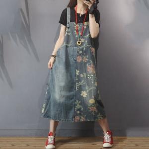 Beautiful Flowers Denim Jumper Dress Loose A-Line Overall Dress