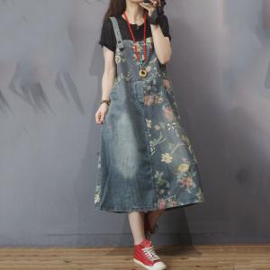 Beautiful Flowers Denim Jumper Dress Loose A-Line Overall Dress