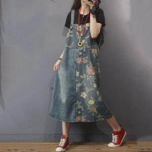 Beautiful Flowers Denim Jumper Dress Loose A-Line Overall Dress