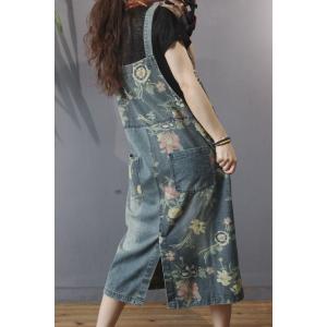 Beautiful Flowers Denim Jumper Dress Loose A-Line Overall Dress