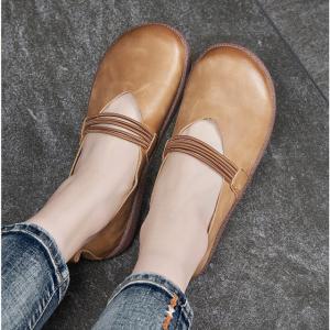 Round Toe Leather Casual Flats Straps Decoration Driving Shoes