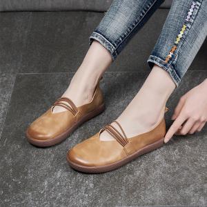 Round Toe Leather Casual Flats Straps Decoration Driving Shoes