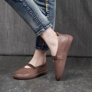 Round Toe Leather Casual Flats Straps Decoration Driving Shoes