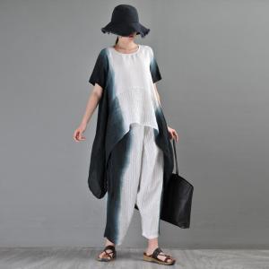 Tie-Dyed Asymmetrical Stripes Blouse with Linen Loose Pants