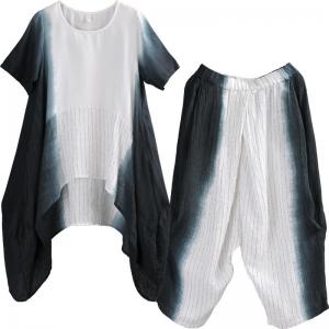 Tie-Dyed Asymmetrical Stripes Blouse with Linen Loose Pants