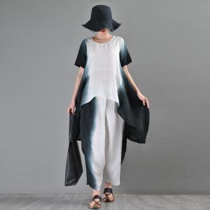 Tie-Dyed Asymmetrical Stripes Blouse with Linen Loose Pants
