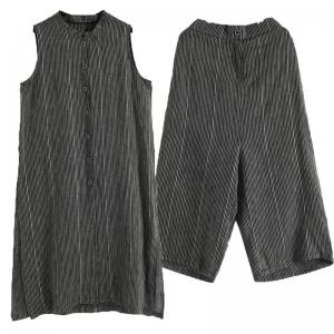 Vertical Pinstriped Long Vest with Linen Wide Leg Pants