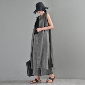 Vertical Pinstriped Long Vest with Linen Wide Leg Pants