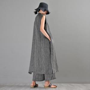 Vertical Pinstriped Long Vest with Linen Wide Leg Pants