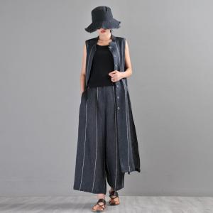 OL Style Sleeveless Long Shirt with Flax Striped Palazzo Pants