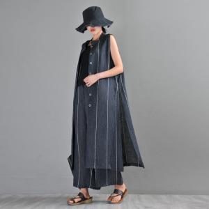 OL Style Sleeveless Long Shirt with Flax Striped Palazzo Pants