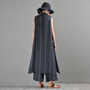 OL Style Sleeveless Long Shirt with Flax Striped Palazzo Pants