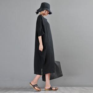 Bat Sleeve Linen Black Dress Loose Casual Caftan Dress