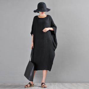 Bat Sleeve Linen Black Dress Loose Casual Caftan Dress