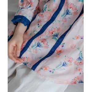 Lace Trim Printed Linen Pink Blouse Blue Contrast Oversized Shirt