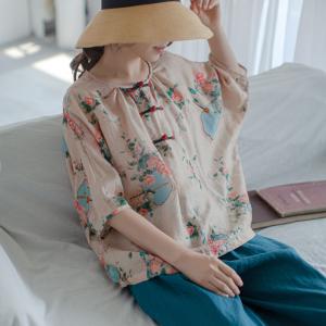 Chinese Button Loose Flax Clothing Flowers Vintage Blouse