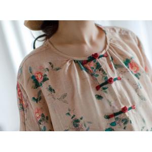 Chinese Button Loose Flax Clothing Flowers Vintage Blouse