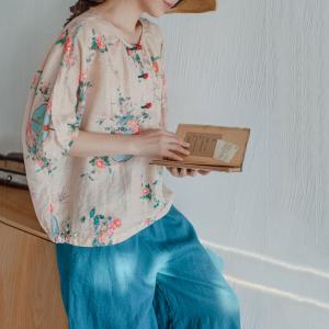 Chinese Button Loose Flax Clothing Flowers Vintage Blouse