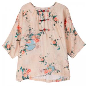 Chinese Button Loose Flax Clothing Flowers Vintage Blouse