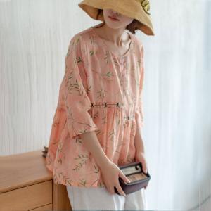 Elastic Waist Crew Neck Linen Blouse Printed Pink Ladies Shirt