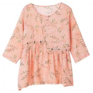 Elastic Waist Crew Neck Linen Blouse Printed Pink Ladies Shirt