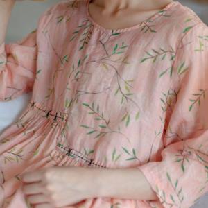 Elastic Waist Crew Neck Linen Blouse Printed Pink Ladies Shirt